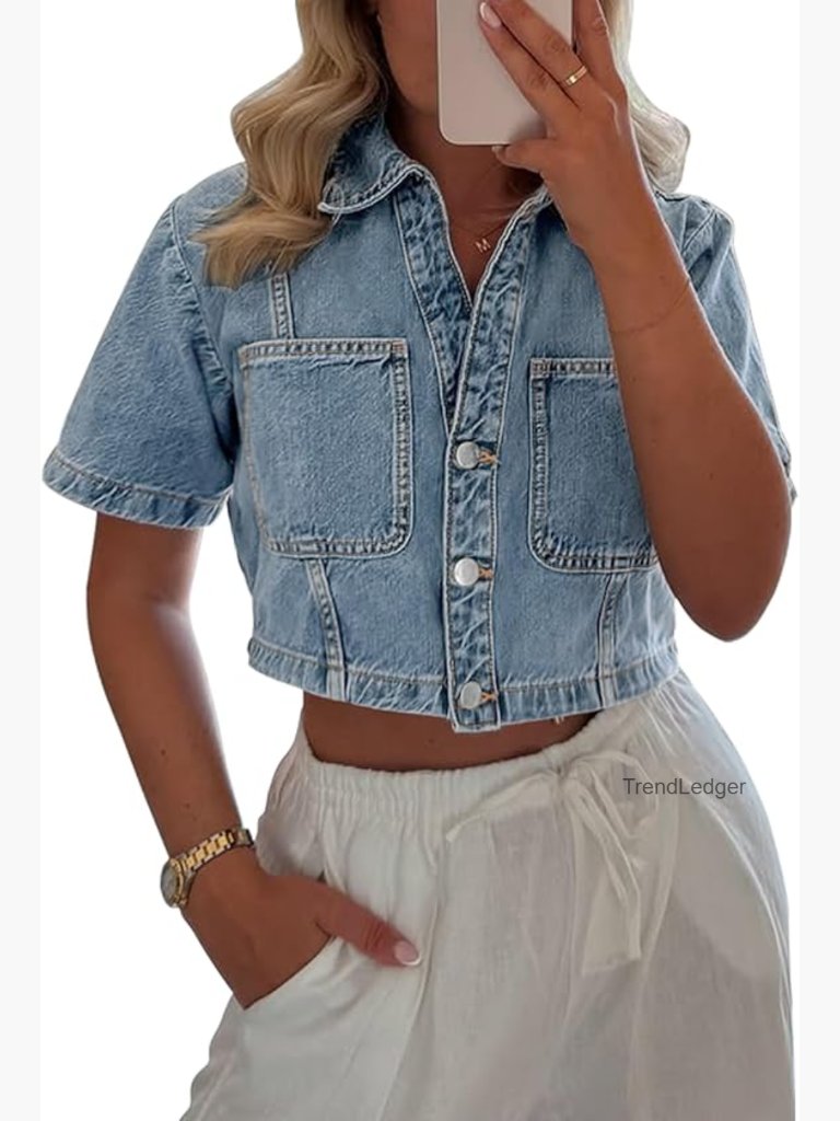 Crop Denim Jacket Short Sleeve Button Down Jean Shirt With Pockets Casual Top